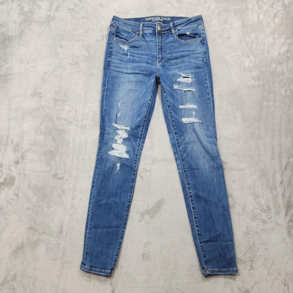 American Eagle Jeans Womens 12 LONG Blue High Rise Jegging Stretch Distressed